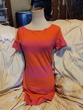 Twenty One Orange and Pink Wide-Stripe Short Sleeve Dress